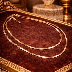 VINTAGE GOLD PLATED DOUBLE LAYER HERRINGBONE NECKLACE CLASSIC MINIMAL